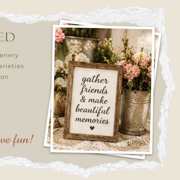 Promotional graphic with a framed floral sign and pink flower arrangement