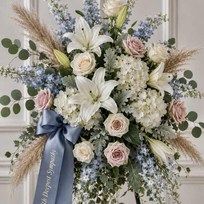 Standing floral spray with white lilies, pale roses, and blue flowers on a ribboned easel