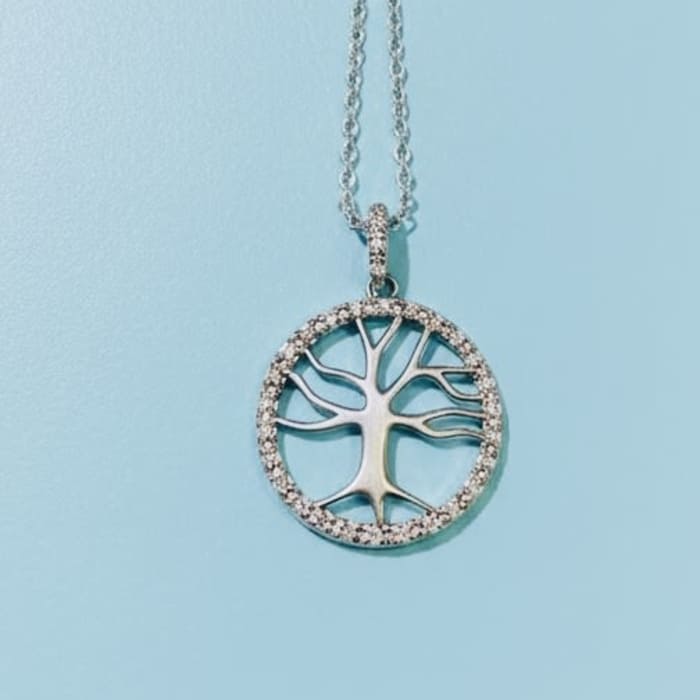 Tree of Life sterling silver necklace framed with rhinestone crystals on 42 inch chain
