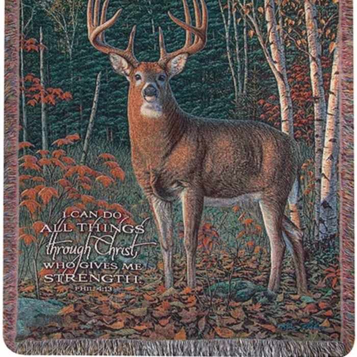 Woven blanket with a deer in a forest and a Bible verse