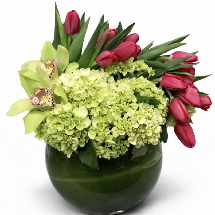 Pink tulips and green orchids in a dark glass vase with pale green hydrangeas