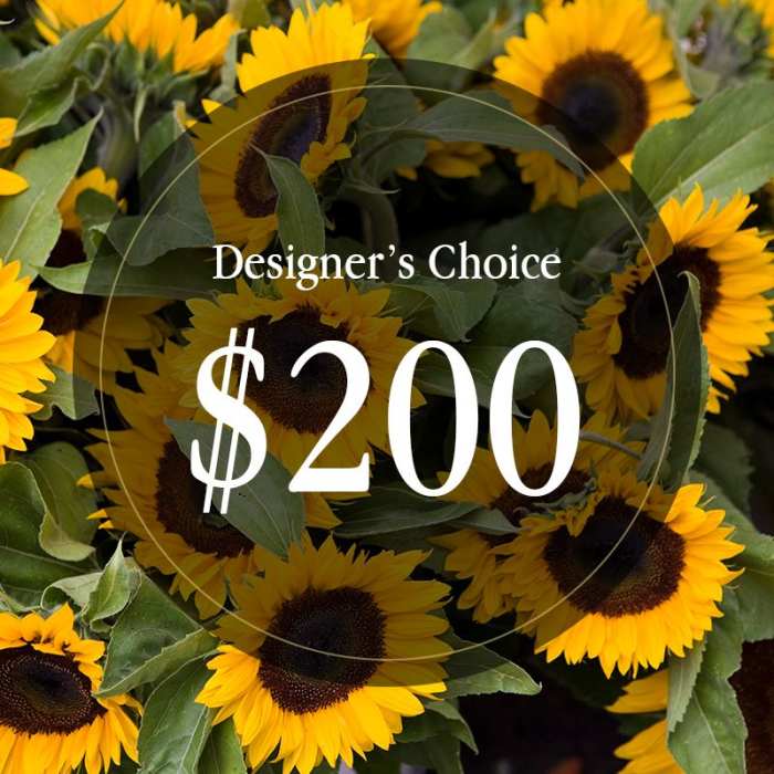 Graphic of bright yellow sunflowers with text reading Designer’s Choice $200
