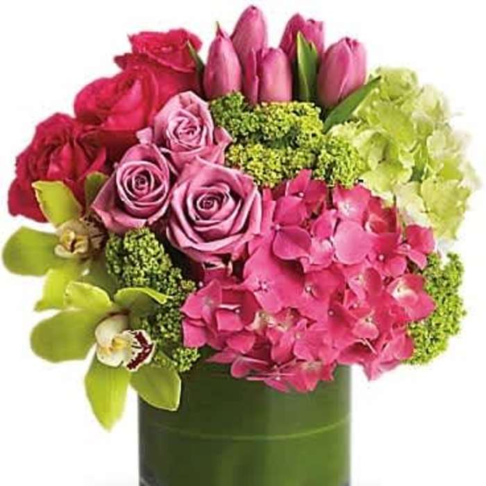 Compact pink and green arrangement with roses, tulips, orchids and hydrangeas in a glass cylinder vase
