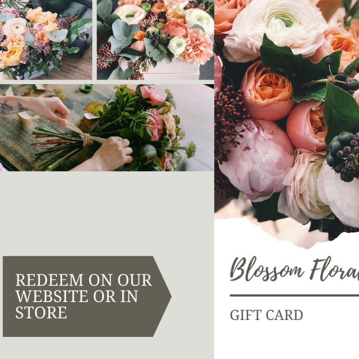 Gift card with floral bouquet photos and the text Blossom Floral Design
