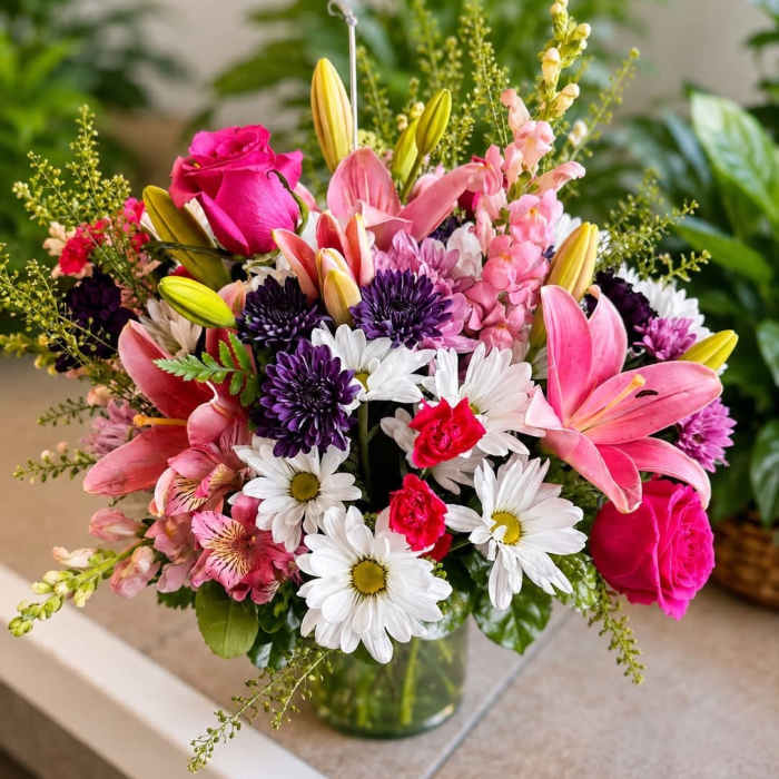 Mixed bouquet of pink lilies, roses, daisies, and purple blooms in a glass vase