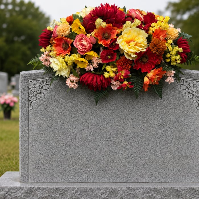 Bright mixed flower arrangement placed on a gray gravestone