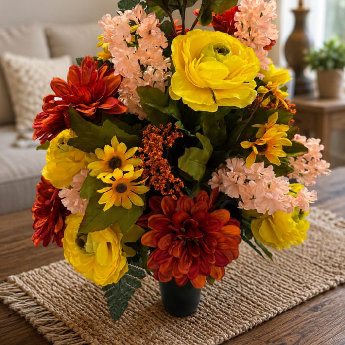 Artificial bouquet of red, yellow, and pink flowers in a black vase
