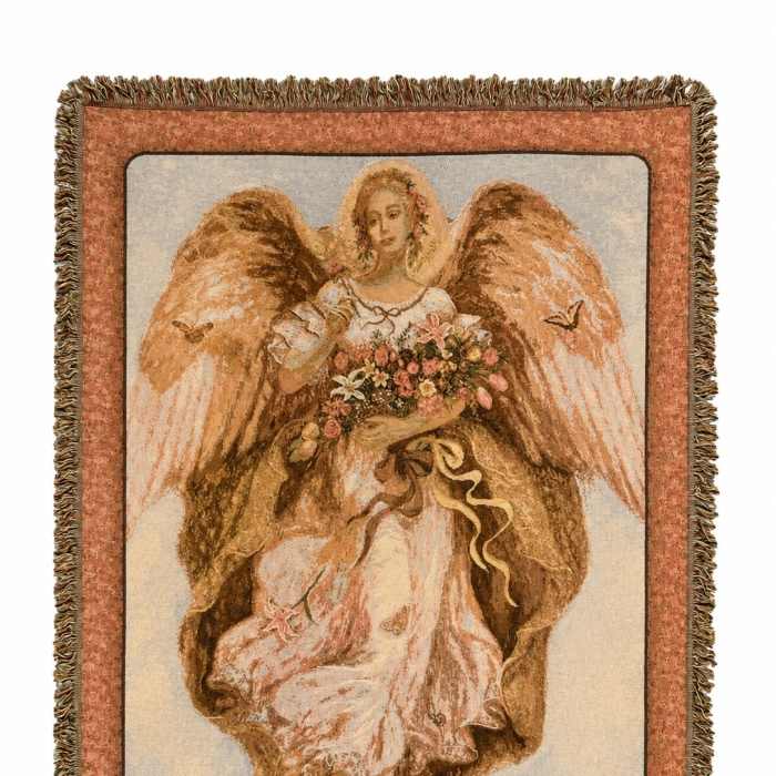 Angel tapestry holding a bouquet of flowers