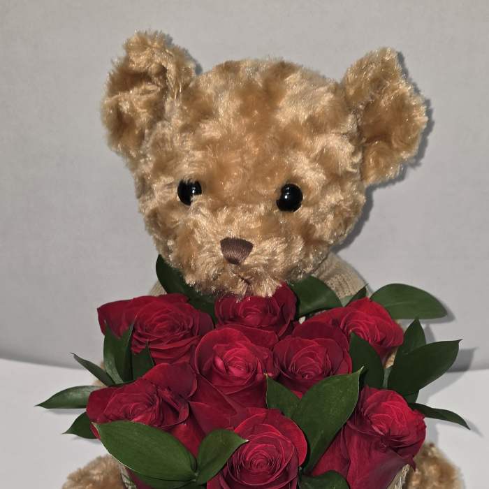 Teddy bear holding a bouquet of red roses with a heart ribbon
