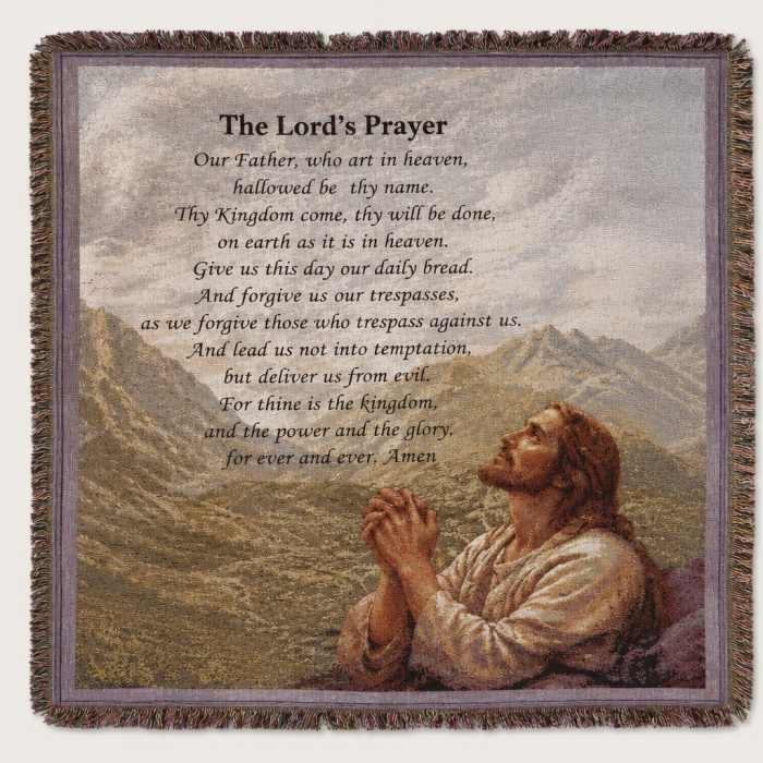 Fringed wall hanging with The Lord's Prayer text and a praying figure