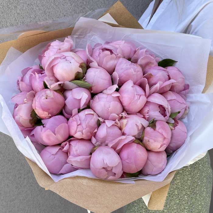 Bouquet of pink peonies wrapped in white and kraft paper