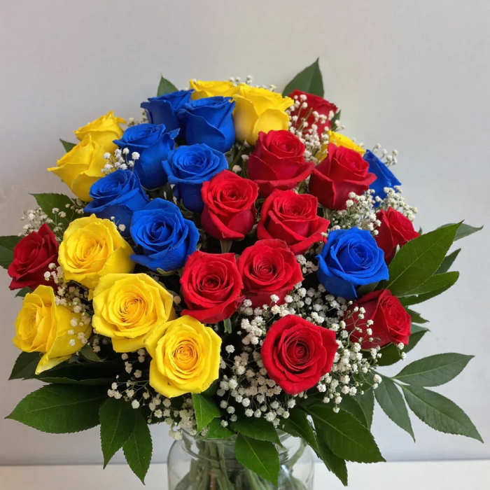 Bouquet of red, yellow, and blue roses in a clear glass vase