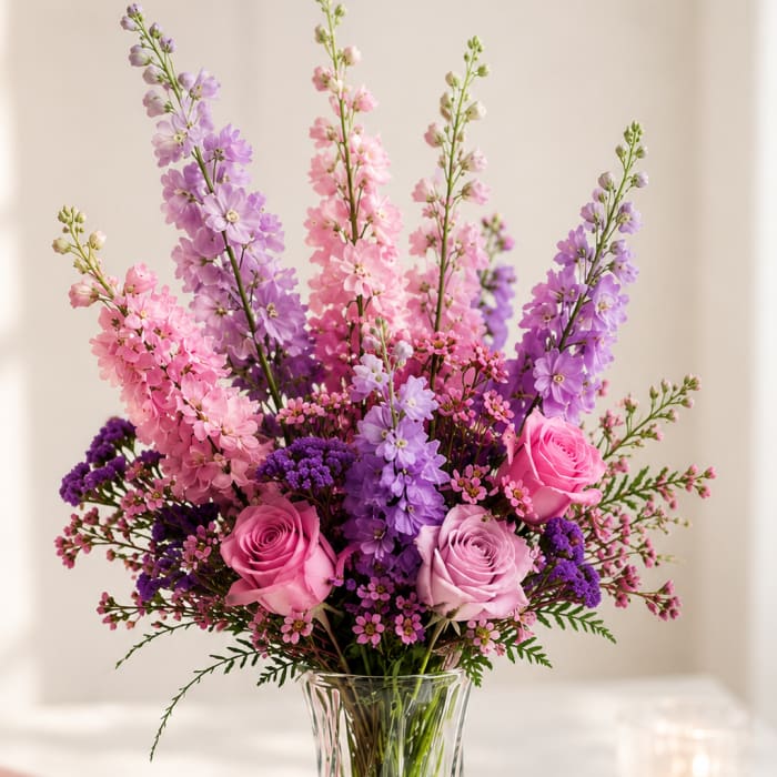 Pink and purple flowers arranged in a clear glass vase