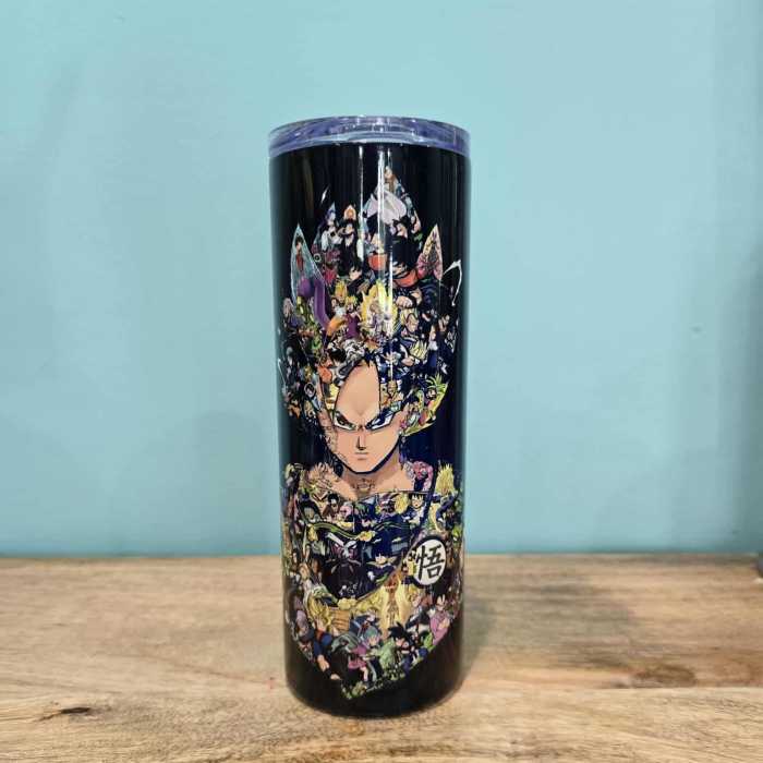 Black tumbler with colorful anime character artwork