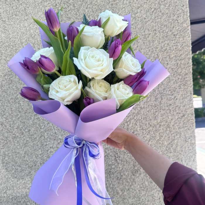 Whites Roses with Purple Tulips