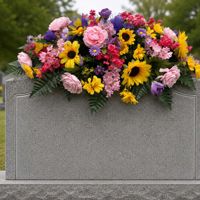 Colorful floral arrangement draped over a gray gravestone