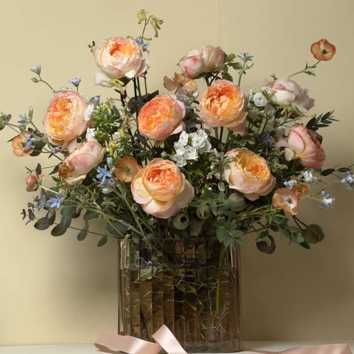 Peach roses and blue accent flowers in a clear glass vase