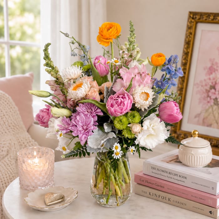 Mixed bouquet of pink, white, orange, and blue flowers in a glass vase
