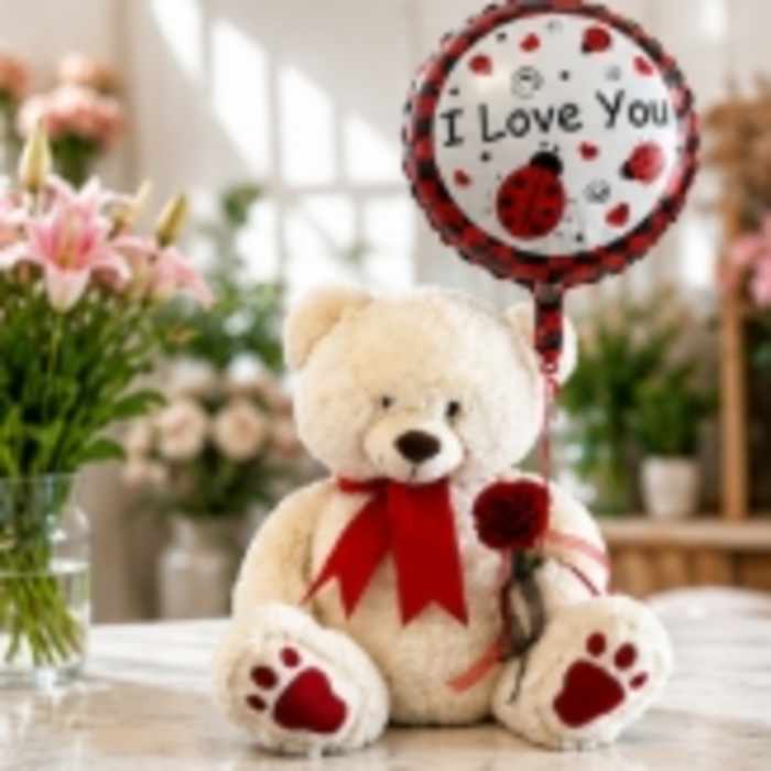 Teddy bear with a red ribbon holding an "I Love You" balloon