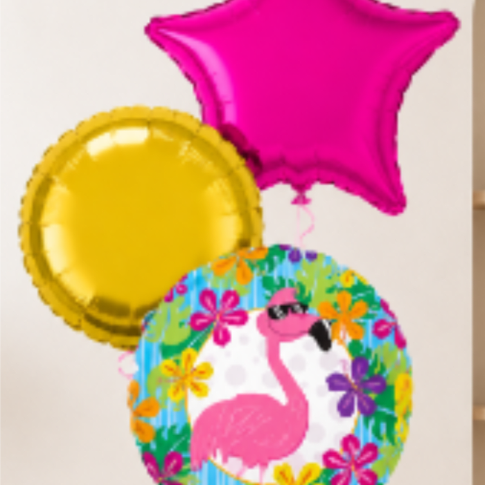 Three colorful balloons, including a pink star and flamingo print balloon