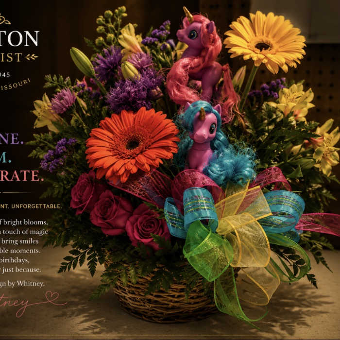 Bright mixed flower basket with two toy unicorns and a rainbow ribbon bow