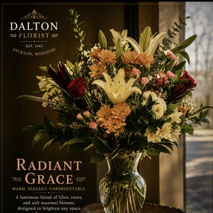 Mixed bouquet of lilies, roses, and daisies in a clear glass vase