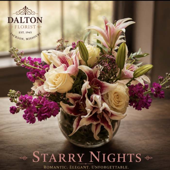 Bouquet of pink lilies, cream roses, and purple blooms in a glass vase