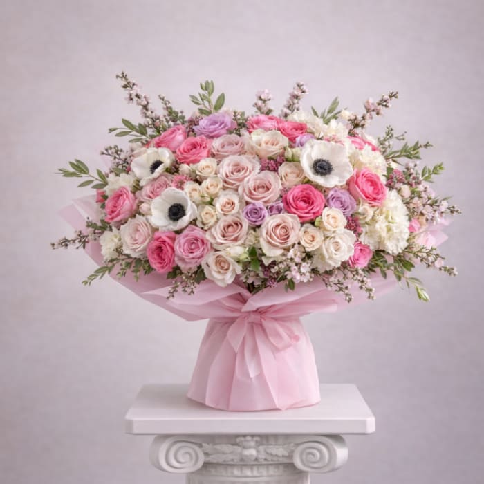 Large bouquet of pink and white roses with anemones wrapped in pink paper