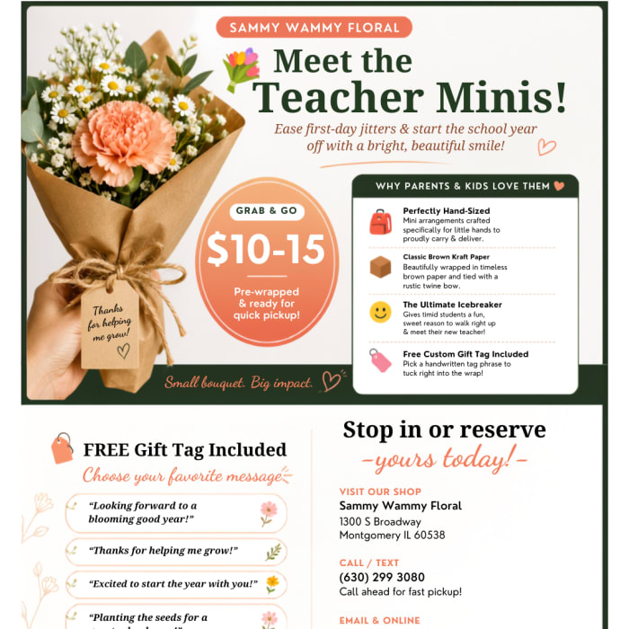 Mini bouquet of daisies and a peach carnation wrapped in brown paper