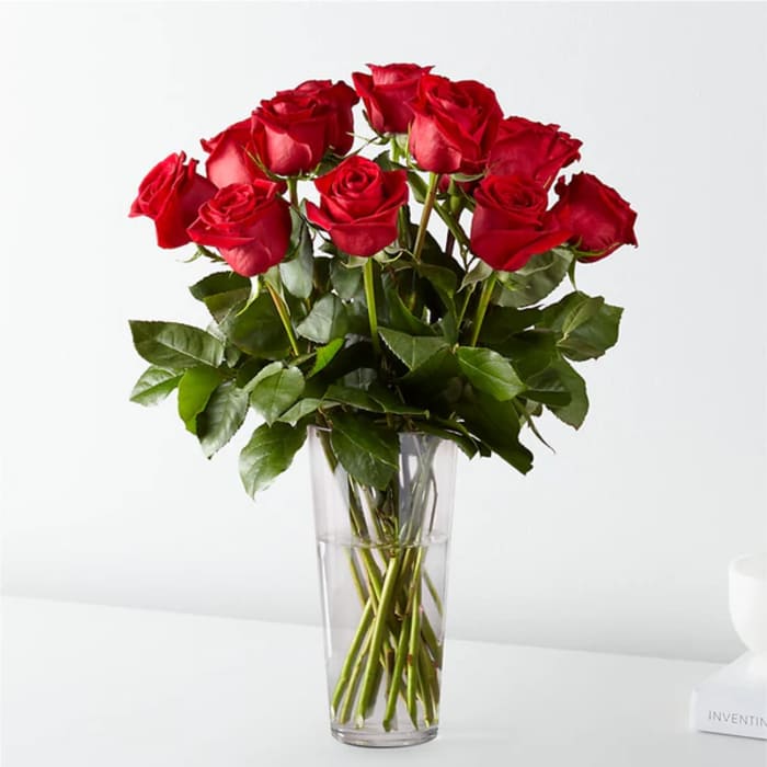 Red roses arranged in a clear glass vase