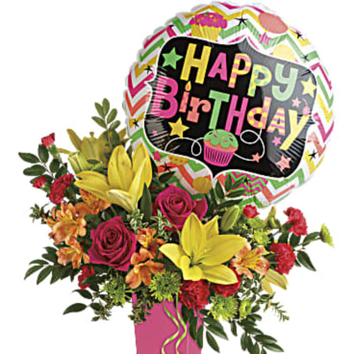 Birthday bouquet with roses, lilies, and a Happy Birthday balloon