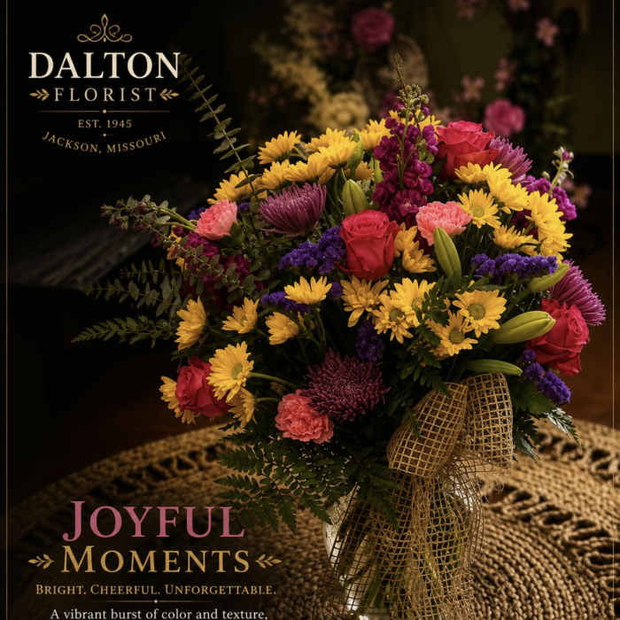 Colorful mixed bouquet in a glass vase with a gold ribbon