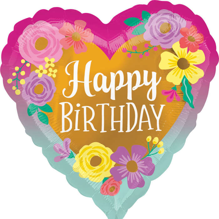 Heart-shaped birthday balloon with floral decorations and "Happy Birthday" text