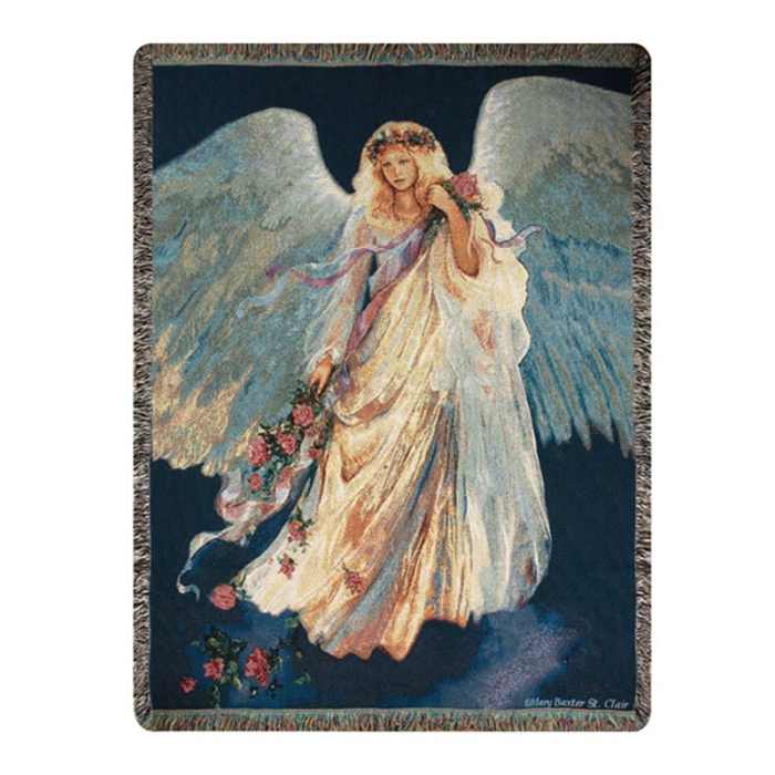 Woven throw blanket featuring a large angel with wings and a floral garland on a dark blue background