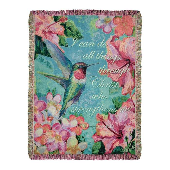 Inspirational throw blanket with hummingbird, pink flowers, and Philippians 4:13 verse