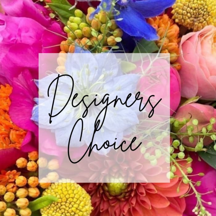 Bright mixed bouquet with pink, blue, orange, and yellow flowers