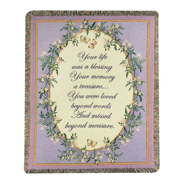 Lavender and cream memorial throw blanket with floral border, butterflies, and a sympathy verse in script text.