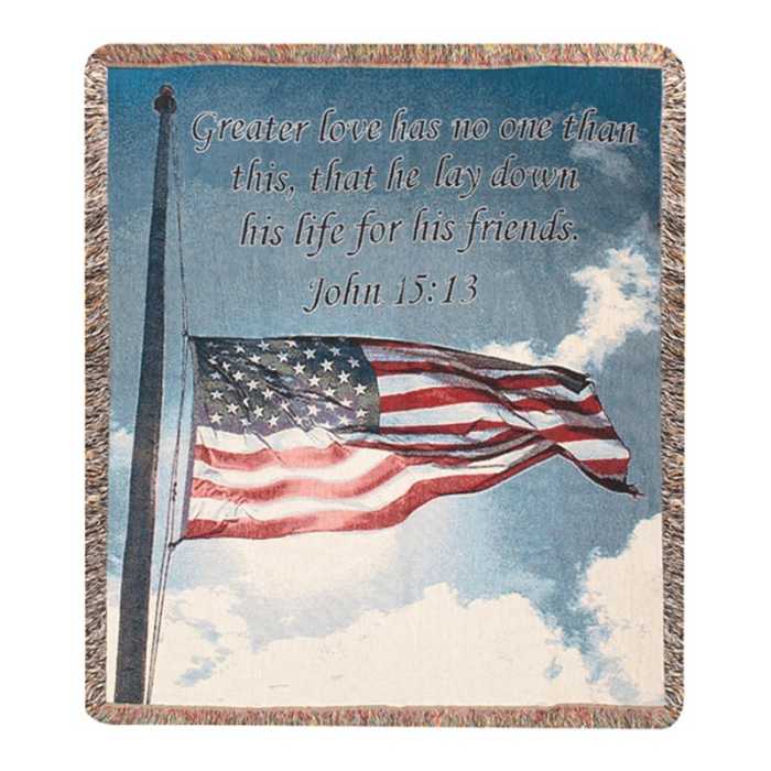 Patriotic woven throw blanket with American flag and John 15:13 Bible verse.