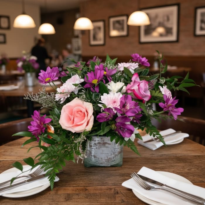 Pink and purple flower arrangement in a square vase on a restaurant table