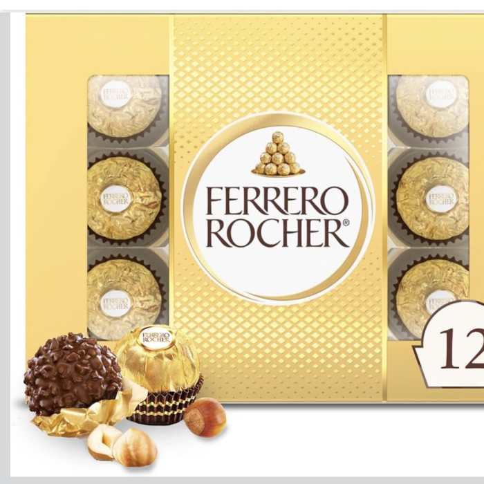 Box of Ferrero Rocher chocolates with wrapped hazelnut candies