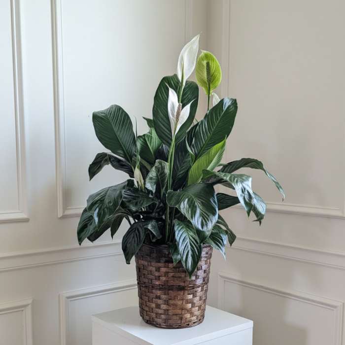 Potted peace lily in a woven basket planter on a white pedestal