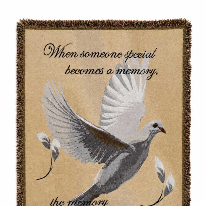 Memorial throw blanket with a dove and sympathy quote