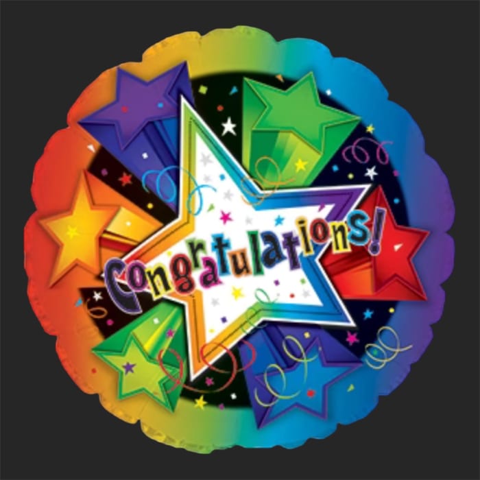 Round rainbow balloon with stars and the word Congratulations