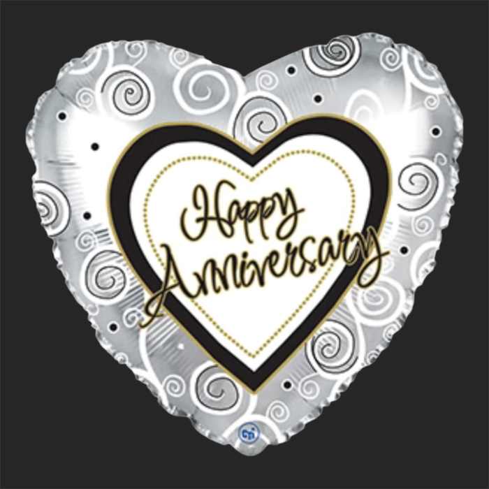 Heart-shaped silver balloon with "Happy Anniversary" text