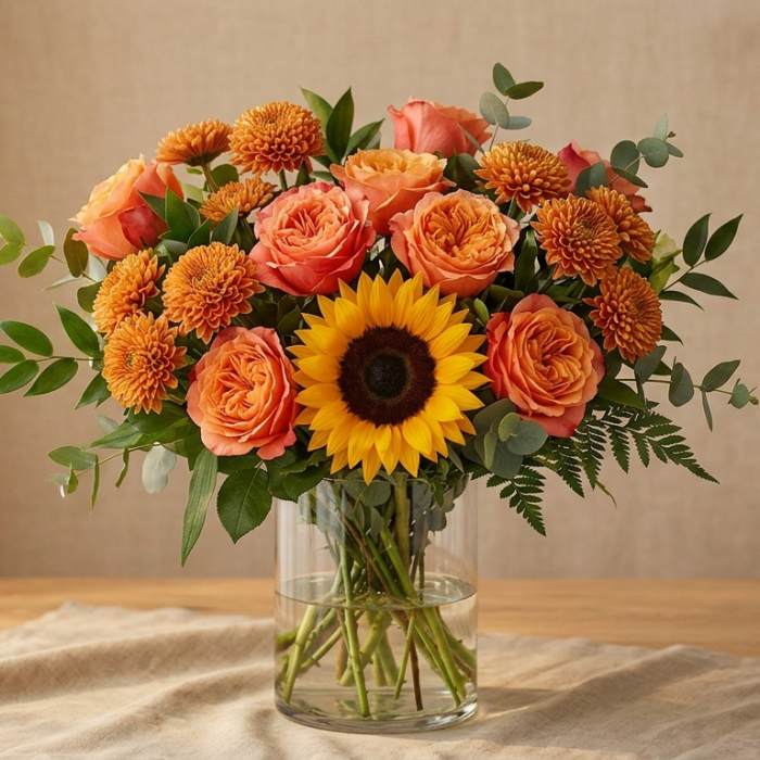 Bouquet of orange roses, chrysanthemums, and a sunflower in a glass vase