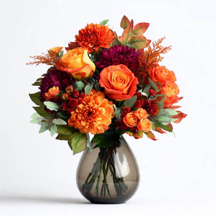 Orange and burgundy flower bouquet in a smoky glass vase