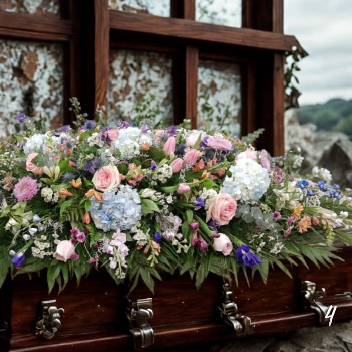 Large floral casket spray with pink, blue, and purple blooms