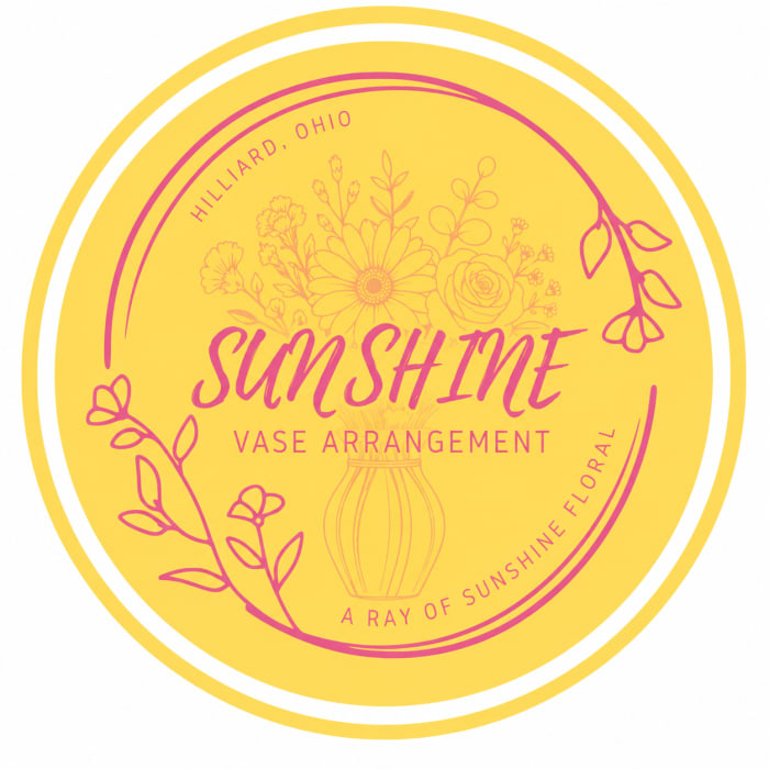 Yellow circular label with pink floral line art and the words "Sun Shine Vase Arrangement"
