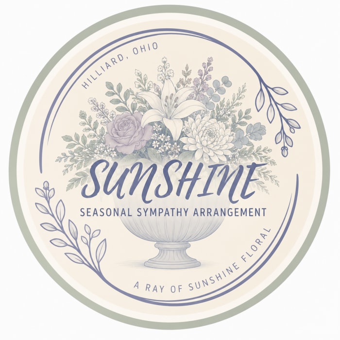 Round sympathy arrangement label with pastel flowers in a vase