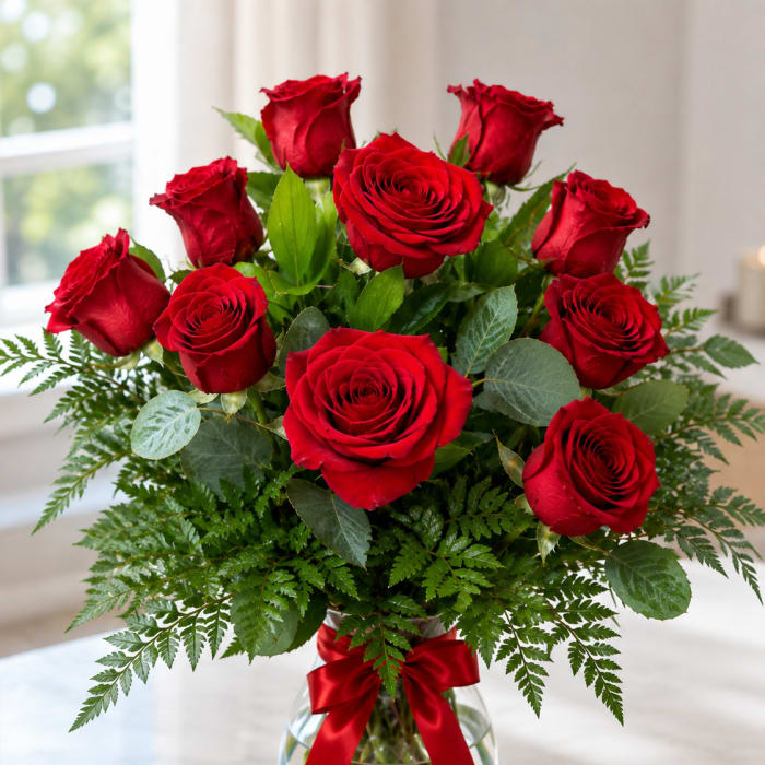 Red roses arranged in a clear glass vase with a red ribbon